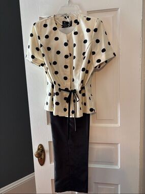Polka Dot Tie-Waist Blouse and Black Pencil Skirt Set